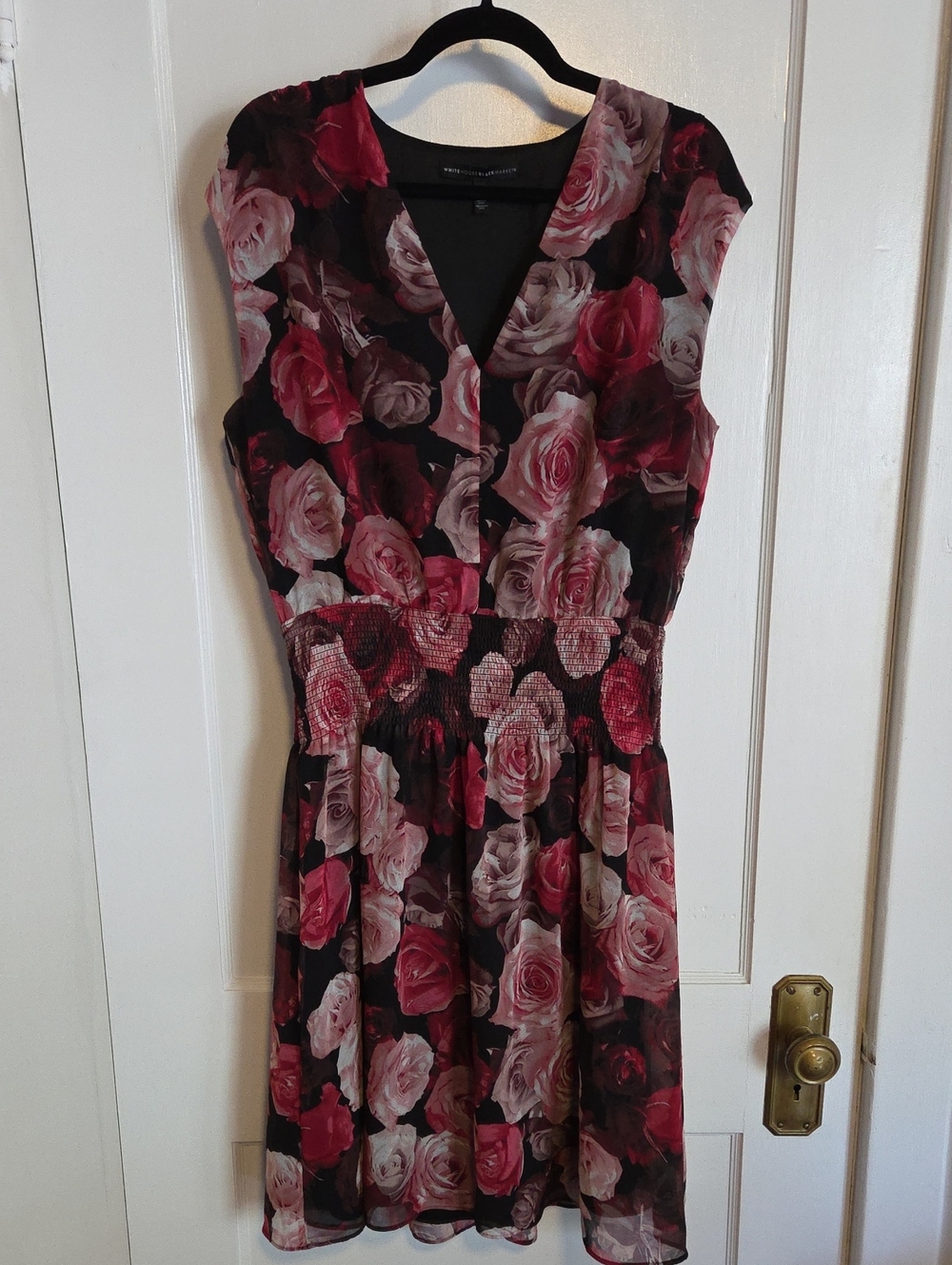White House Black Market Black & Pink Rose Print V-Neck Mini Dress